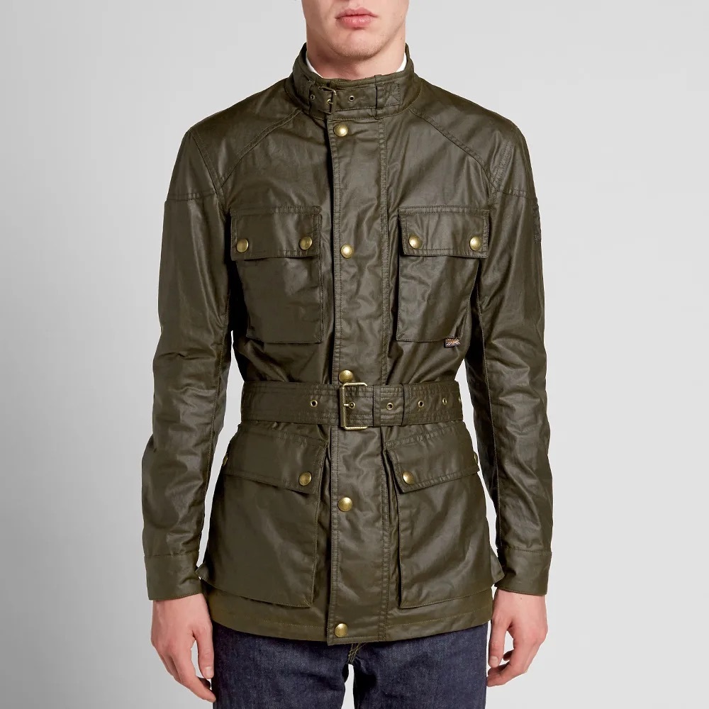 Belstaff Men’s Waxed Cotton Jacket in Faded Olive Green/Brown Color Size 48 (M)